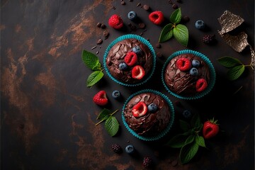 Homemade fresh chocolate muffins with berries and chocolate pieces. Top view. Copy space for text. Generative AI