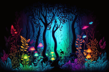 Fototapeta na wymiar Fantasy neon lit woodland with bright foliage that resembles a storybook. Generative AI