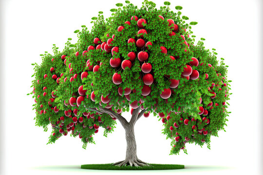 Green Apple tree full of red fruits isolated over white. Generative AI