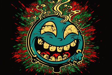 Laughable trippy melt smiling face 4 20 Emoticons for marijuana, marijuana, cannabis prints on posters, t shirts, and stickers. Trippy cartoon art with a drawn cartoon figure for a t shirt, tsh