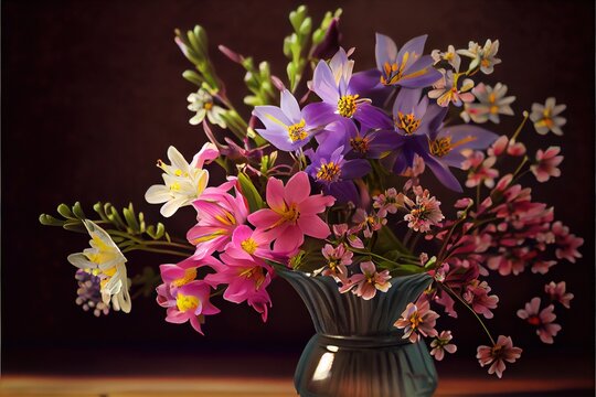Spring Floral Bouquet - 3D shaded digital oil painting with spring flowers and decorative plants. Varietal bunch of flowers and plants in bright spring colors. Generative AI