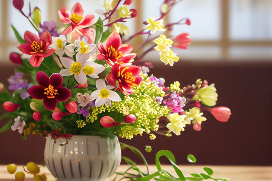 Spring Floral Bouquet - 3D shaded digital oil painting with spring flowers and decorative plants. Varietal bunch of flowers and plants in bright spring colors. Generative AI