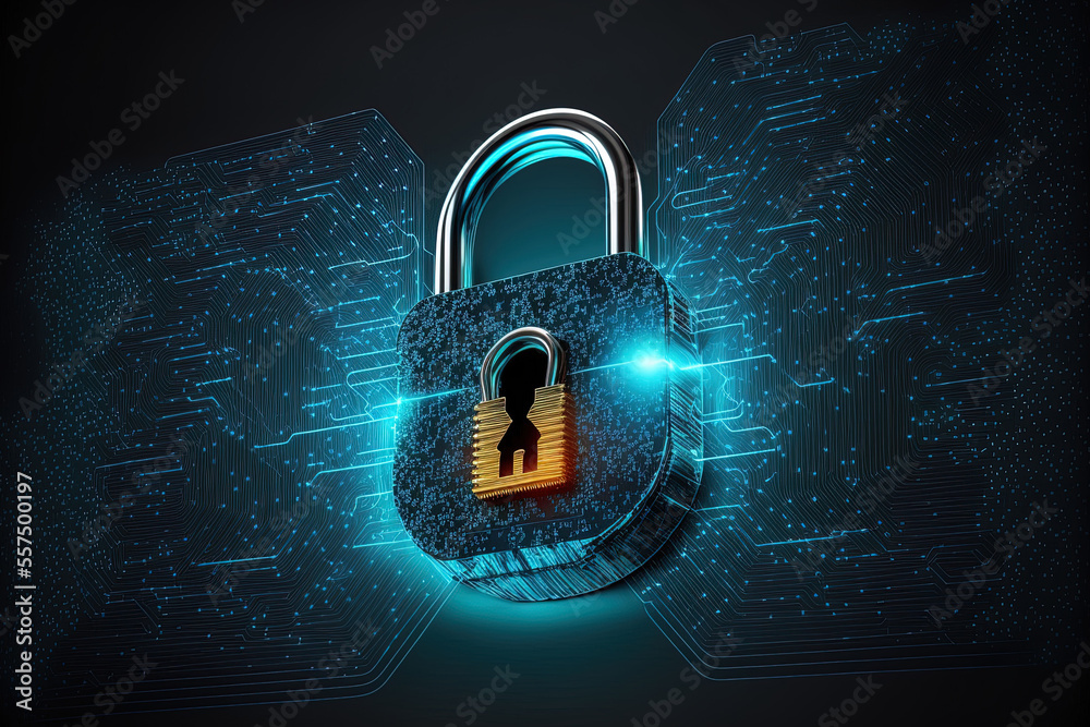 Poster data security padlock with keyhole at circuit's convergent point. privacy of digital data and inform