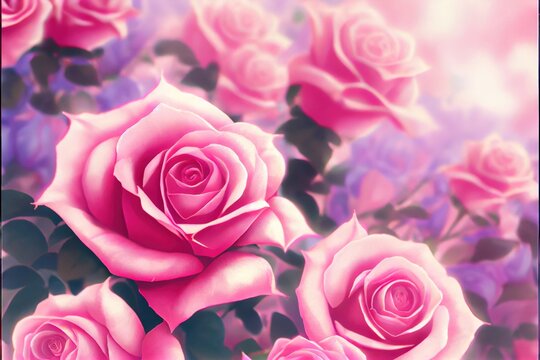 Romantic pink roses - bright and colorful flowers created by generative AI. Floral background wallpaper with digital painted look.