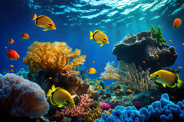 Naklejka na ściany i meble Underwater coral reef and lagoon, underwater scenery, snorkeling excursion. Generative AI