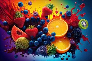Fototapeta na wymiar a vibrant blend of fresh, healthful fruits and berries. Forest fruits, citrus, berries, exotic tropical fruits, and juice mix splashes are arranged in a large collage over a backdrop of juice droplets