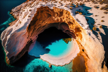 Beautiful volcanic open cave of Sykia, a geological phenomena, captured in an aerial drone shot in the Cyclades region of Greece's Milos island, south of the city. Generative AI