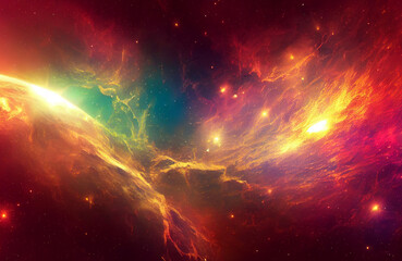 Colorful galaxy landscape with stars, planets and beautiful light in different colors, abstract design, mysterious out of space texture and visuals 