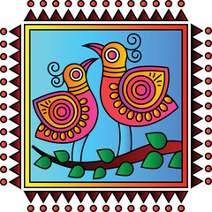 Vector Folk art ornament with birds, animals, leaves, and flowers, Indian designs, and composition. Kalamkari, Madhubani motives for textile printing, logo, wallpaper