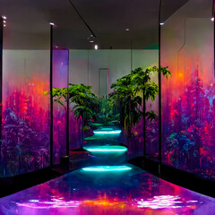 vaporwave paradise penthouse jungle zen garden interior glass greenhouse corridors - [edited ai generated art]