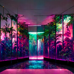 vaporwave paradise penthouse jungle zen garden interior glass greenhouse corridors - [edited ai generated art]