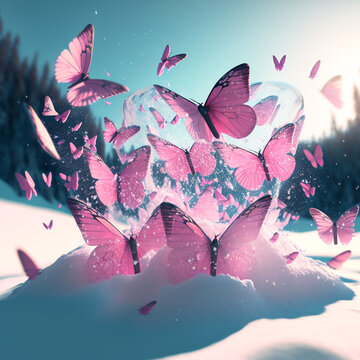 A group of light pink butterflies fly into the sky, shining pink light on the snow, Generative AI	