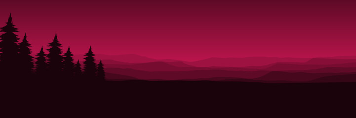 sunset mountain forest silhouette vector illustration for web banner, blog banner, wallpaper, background template, adventure design, tourism poster design, backdrop design