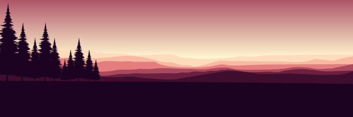 sunset mountain forest silhouette vector illustration for web banner, blog banner, wallpaper, background template, adventure design, tourism poster design, backdrop design