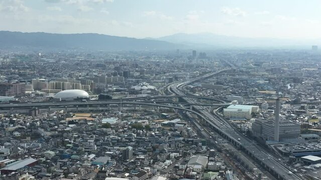 大阪府門真市上空の空撮写真　門真ジャンクション、ラクタブドーム等