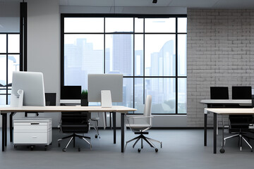 high resolution 4k office chair, office table, one bed, Modern computer on table in office interior. Stylish workplace, hyper realistic, intricate detail generative ai