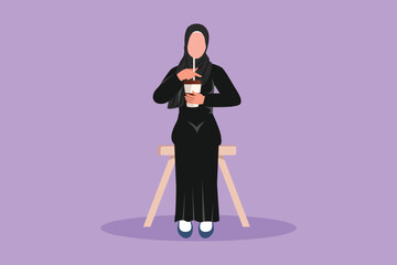 Graphic flat design drawing Arabian woman drink coffee. Resting from work. Lunch break, visitor to restaurant, coffee shop. Invigorating drink in morning, caffeine. Cartoon style vector illustration