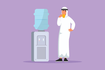 Character flat drawing Arab businessman drinking fresh water in a glass while standing next to water dispenser filled with gallons of water. Healthy and freshness-. Cartoon design vector illustration