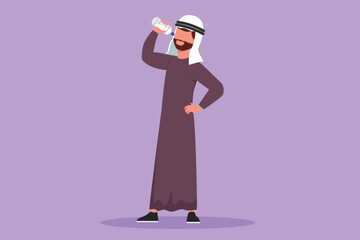 Character flat drawing of young Arab man standing and drinking fresh water from bottle with his right hand after fitness or workout. Healthy lifestyle and freshness. Cartoon design vector illustration