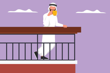 Graphic flat design drawing Arabian male standing on house balcony drink coffee at covid19 quarantine. Virus spreading prevention, outbreak, epidemic. Weekend relax. Cartoon style vector illustration
