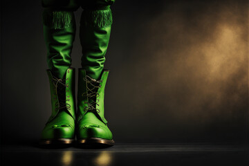 Close up on a pair of green boot that a leprechaun could wear for Saint Patrick's day festivity for irish holidays in Irland, ai generative with copy space