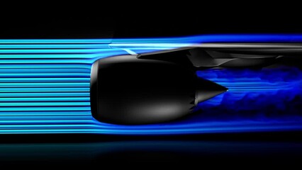 Airplane aerodynamics test inside wind tunnel. Air pressure resistance analysis of wing and airplane turbine.