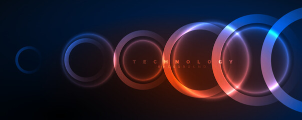 Neon glowing circles and round shape lines, magic energy space light concept, abstract background wallpaper design