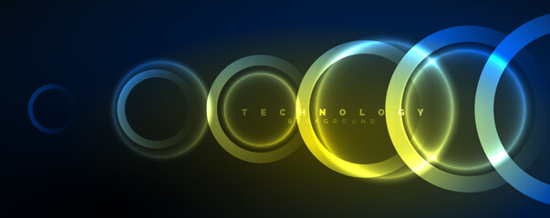Neon shiny circles abstract background, technology energy space light concept, abstract background wallpaper design