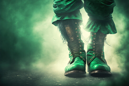 Close up on a pair of green boot that a leprechaun could wear for Saint Patrick's day festivity for irish holidays in Irland, ai generative with copy space