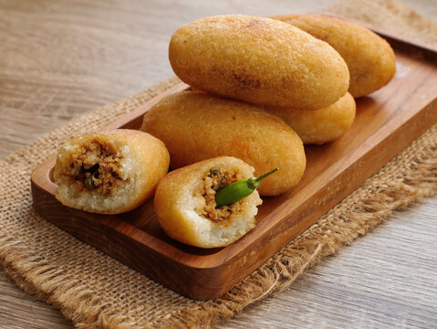 Combro indonesian traditional food in wooden tray. combro made of processed cassava root.