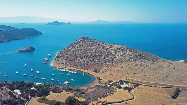 Turkey Bodrum bay and yachts in the sea and nature drone view