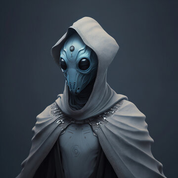 A cloaked pale blue alien wearing a breathing mask.