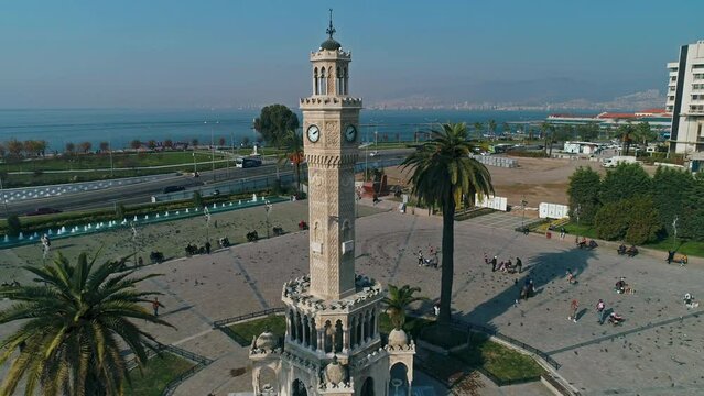 Izmir Konak square and historical clock tower drone view