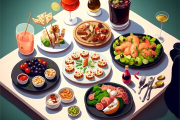 table set with a variety of appetisers, snacks, and drinks. Showing the variety of food and drink options available at a party, DIGITAL DRAWING (AI Generated)