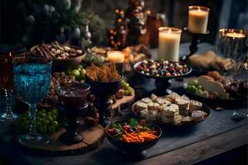 Fototapeta na wymiar table set with a variety of appetisers, snacks, and drinks. Showing the variety of food and drink options available at a party, REALISTIC (AI Generated)
