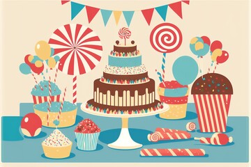 table with a large cake or dessert display, surrounded by party favours. Showing the sweet treats and fun accessories that are often associated with celebrations, DIGITAL DRAWING (AI Generated)