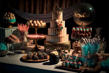 table with a large cake or dessert display, surrounded by party favours. Showing the sweet treats and fun accessories that are often associated with celebrations, REALISTIC (AI Generated)