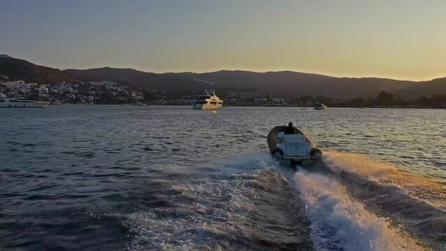 Bodrum luxury yachts and boat in the sea with drone follow-up view