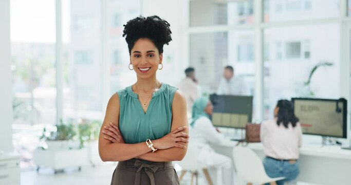 Face, black woman or manager in office building in hr with career goals, growth mindset or motivation for success. Portrait, business or female African employee with a happy smile, mission or vision