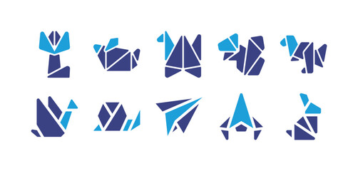 Origami icon set. Duotone color. Vector illustration. Containing flower, mouse, bird, squirrel, kangaroo, origami, snail, paper plane, spaceship, rabbit.