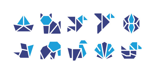 Origami icon set. Duotone color. Vector illustration. Containing origami, cat, lantern, mouse, elephant, swan, shell, duck.