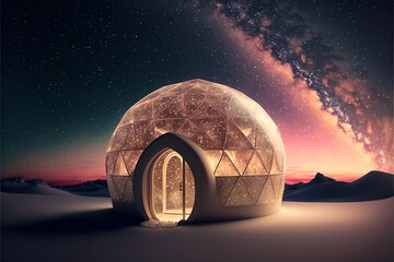 Modern glass igloo with magical and shimmering walls, 3D winter glamping landscape