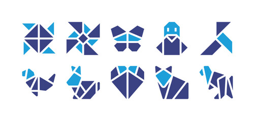Origami icon set. Duotone color. Vector illustration. Containing origami, fan, butterfly, penguin, bird, seal, rabbit, love, fox, kangaroo.