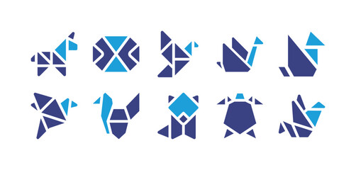 Origami icon set. Duotone color. Vector illustration. Containing dog, bird, wolf, turtle.