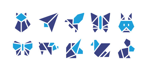 Origami icon set. Duotone color. Vector illustration. Containing cat, paper plane, rocket, butterfly, rabbit, pig, unicorn.