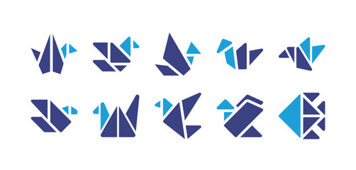 Origami icon set. Duotone color. Vector illustration. Containing bird, fish.