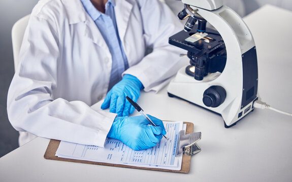 Research, clipboard and scientist writing, checklist and schedule form in laboratory. Science, researchers and make notes for data analysis, sample test and innovation for healthcare and medical cure