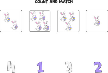 Counting game for kids. Count all Easter rabbits and match with numbers. Worksheet for children.