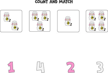 Counting game for kids. Count all Easter sheep and match with numbers. Worksheet for children.