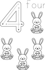 Flashcard number four. Preschool worksheet. Easter worksheet.